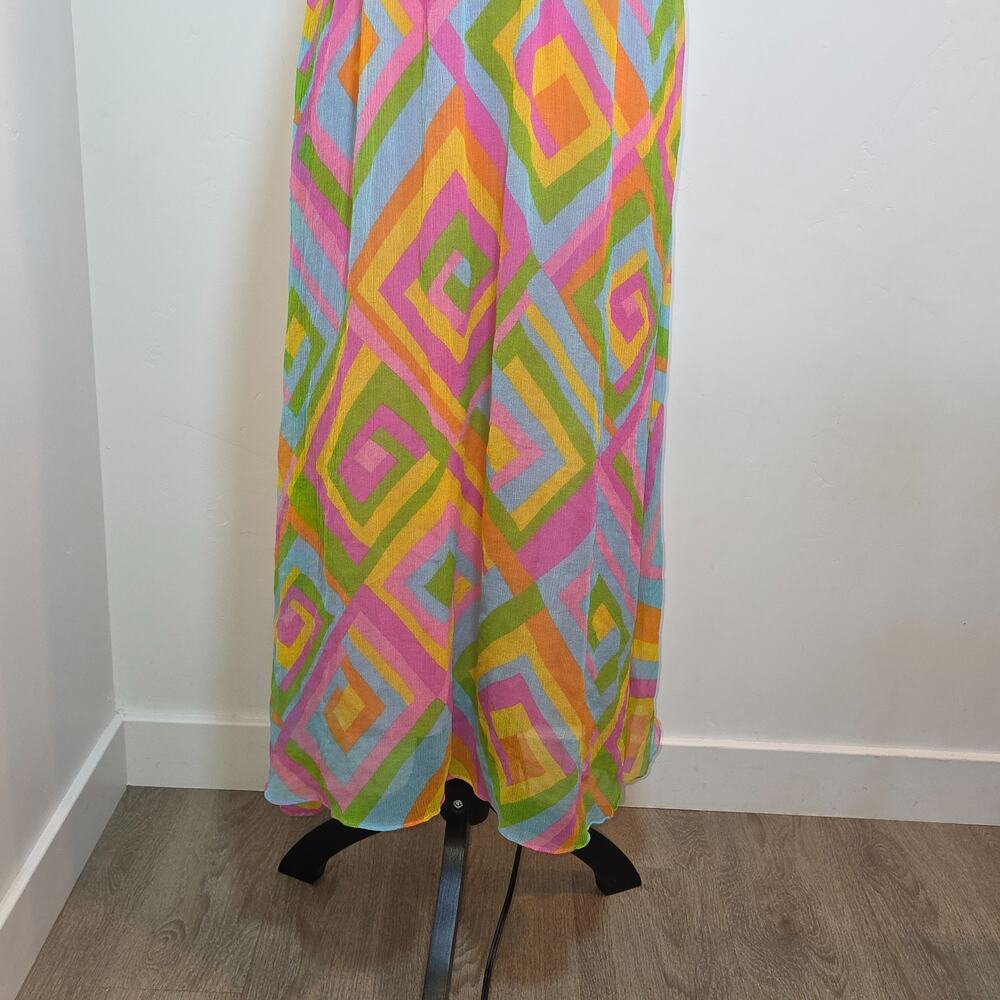 Vintage Strapless Silk Maxi Dress Multicolor Geometric Print Size XS Beach Party - Picture 4 of 8
